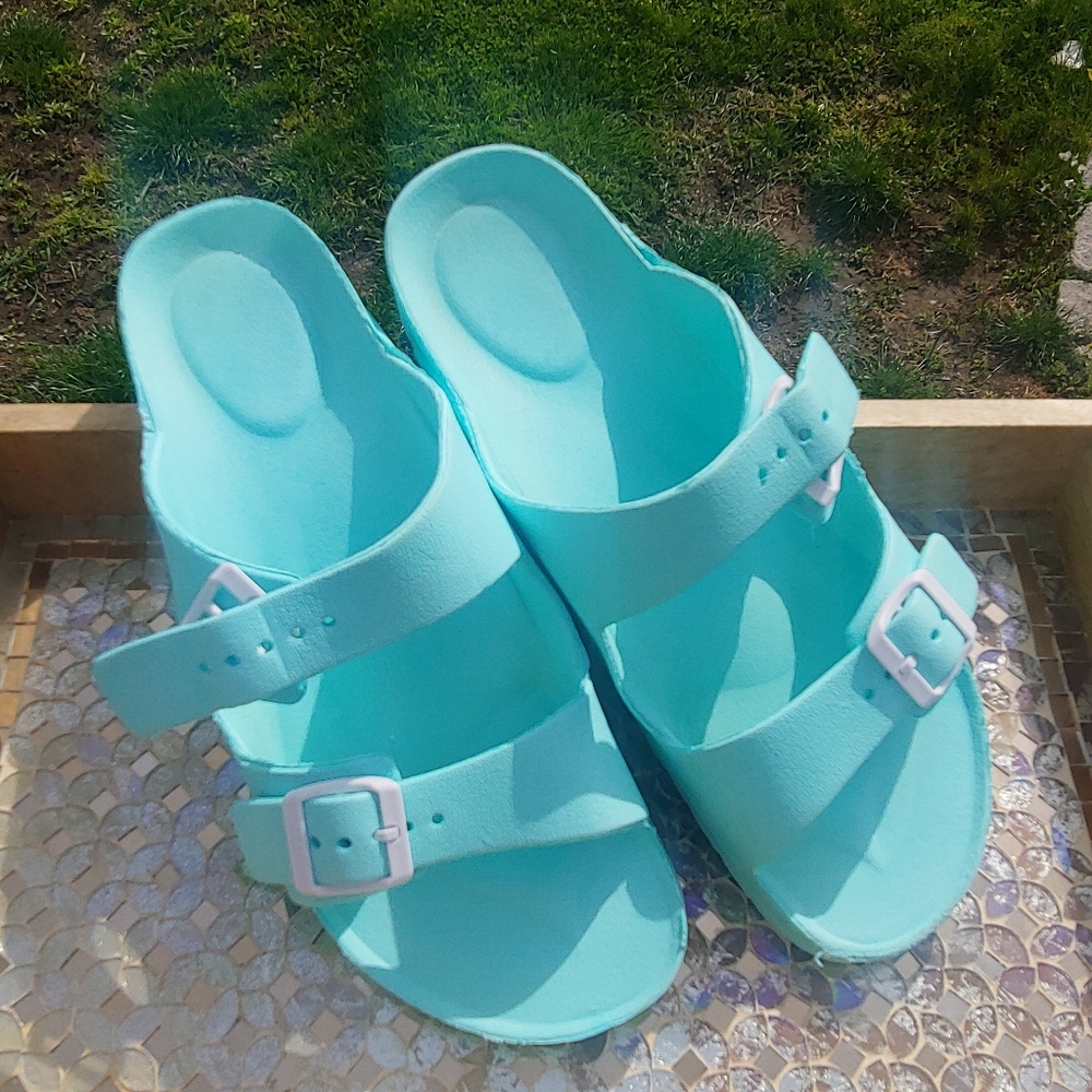 Solid Blue Aqua Turquoise Double Strap Platform A… - image 6